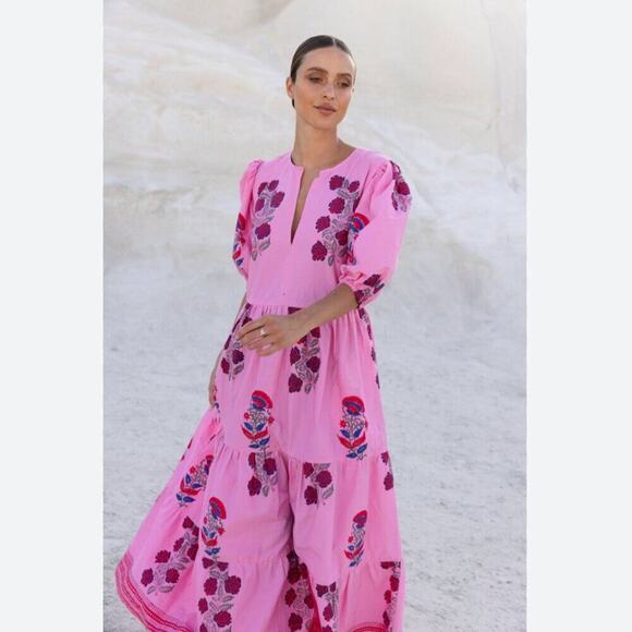Oliphant Tuckernuck Boca Pink Puff Sleeve Maxi Midi Cotton Block Print Dress - Picture 3 of 16